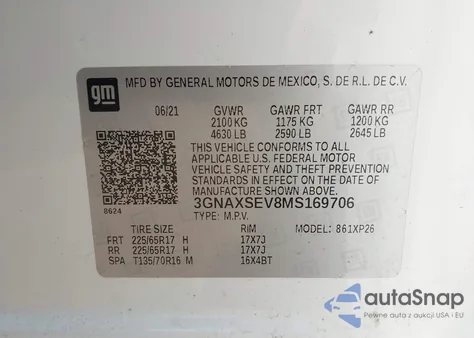 2021 Chevrolet Equinox Awd Ls из США, поврежденный, VIN 3GNAXSEV8MS169706